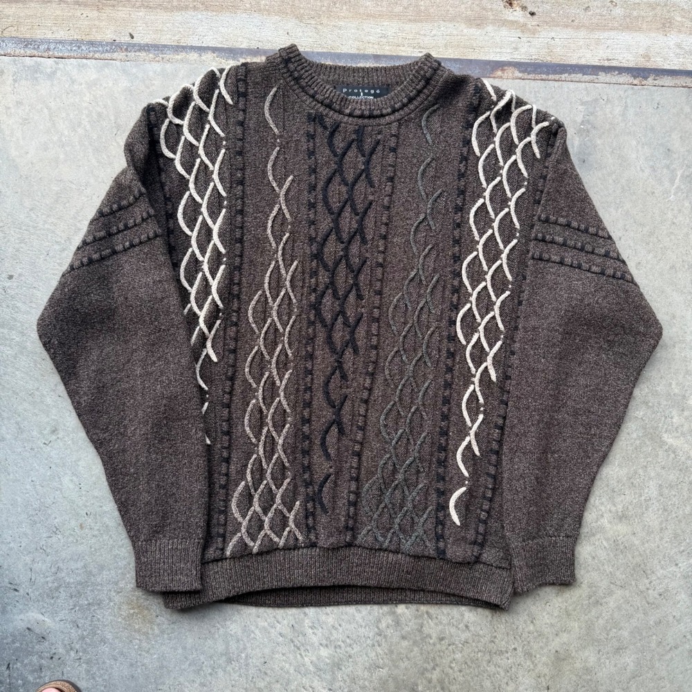 Protege Collection Mens Brown Textured Cable Knit Sweater Large Vintage Style
